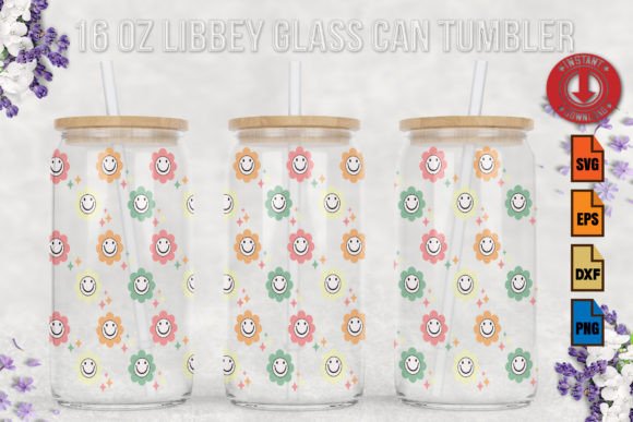 Flowers Retro SVG Graphics & Print Template for 16oz Glass Can
